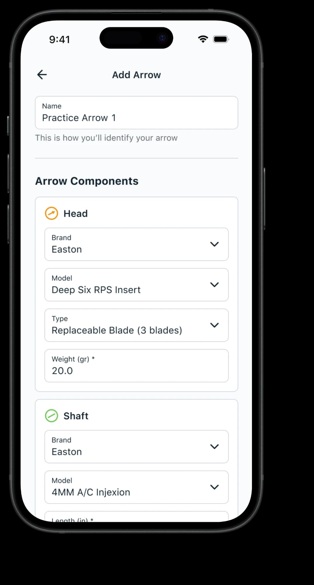 Redesigned Add Arrow screen with the arrow's name and grouped head and shaft fields for brand, model, type, and weight.