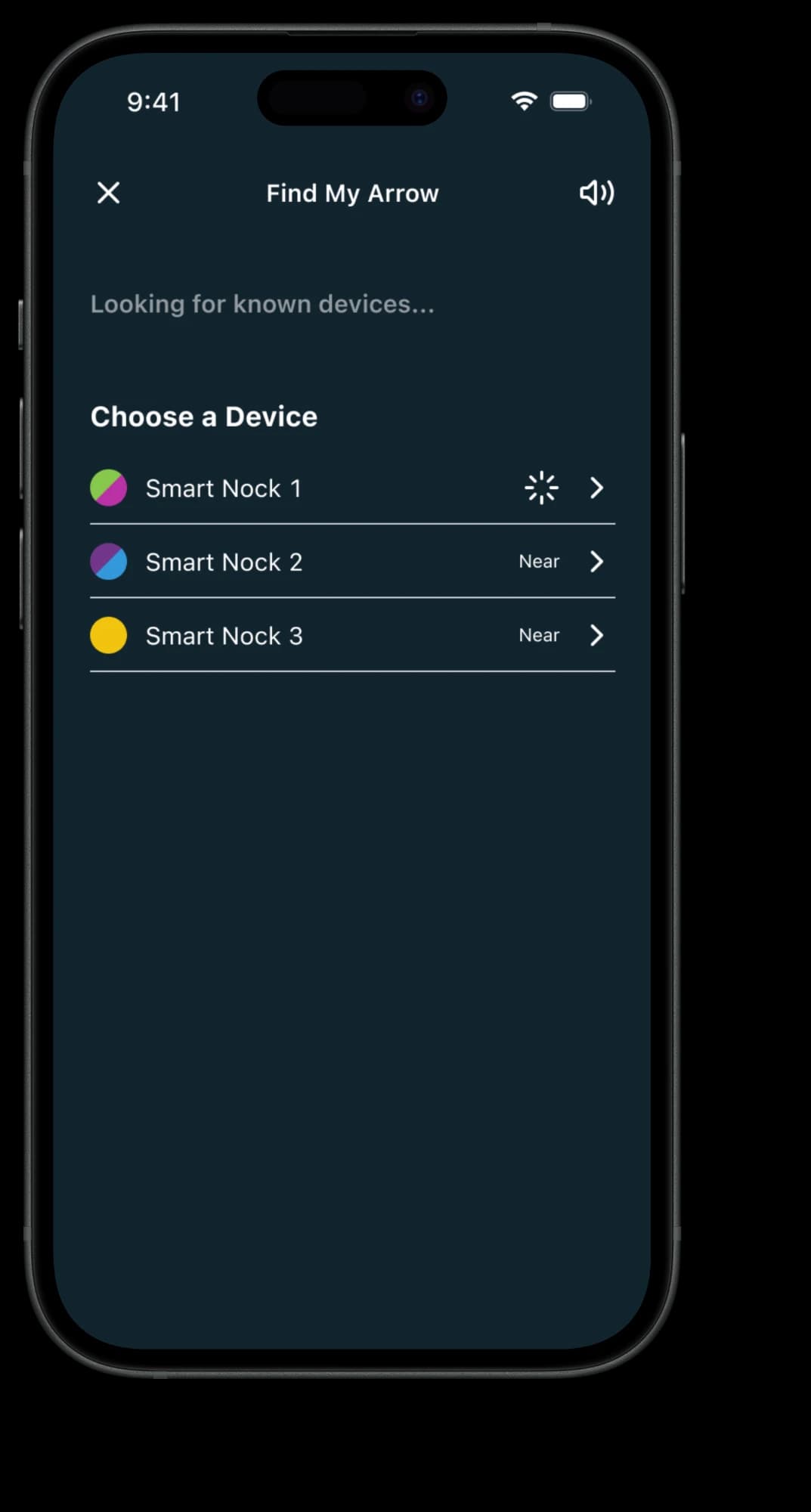 Find My Arrow screen asking the user to choose a device, with nocks marked by their colors and a Near label.