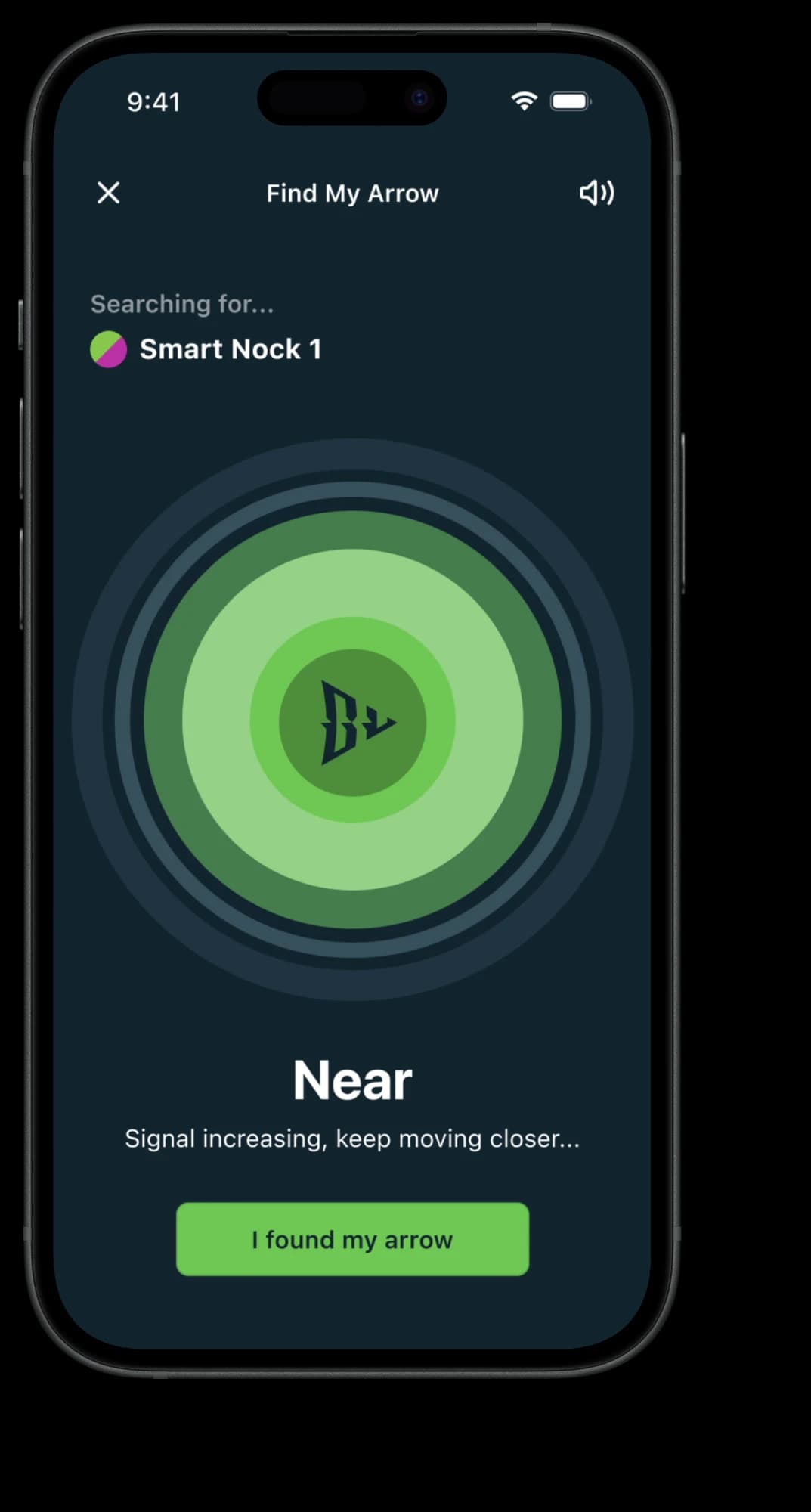 Find My Arrow searching for Smart Nock 1, showing a Near state, the hint Signal increasing, keep moving closer, and an I found my arrow button.