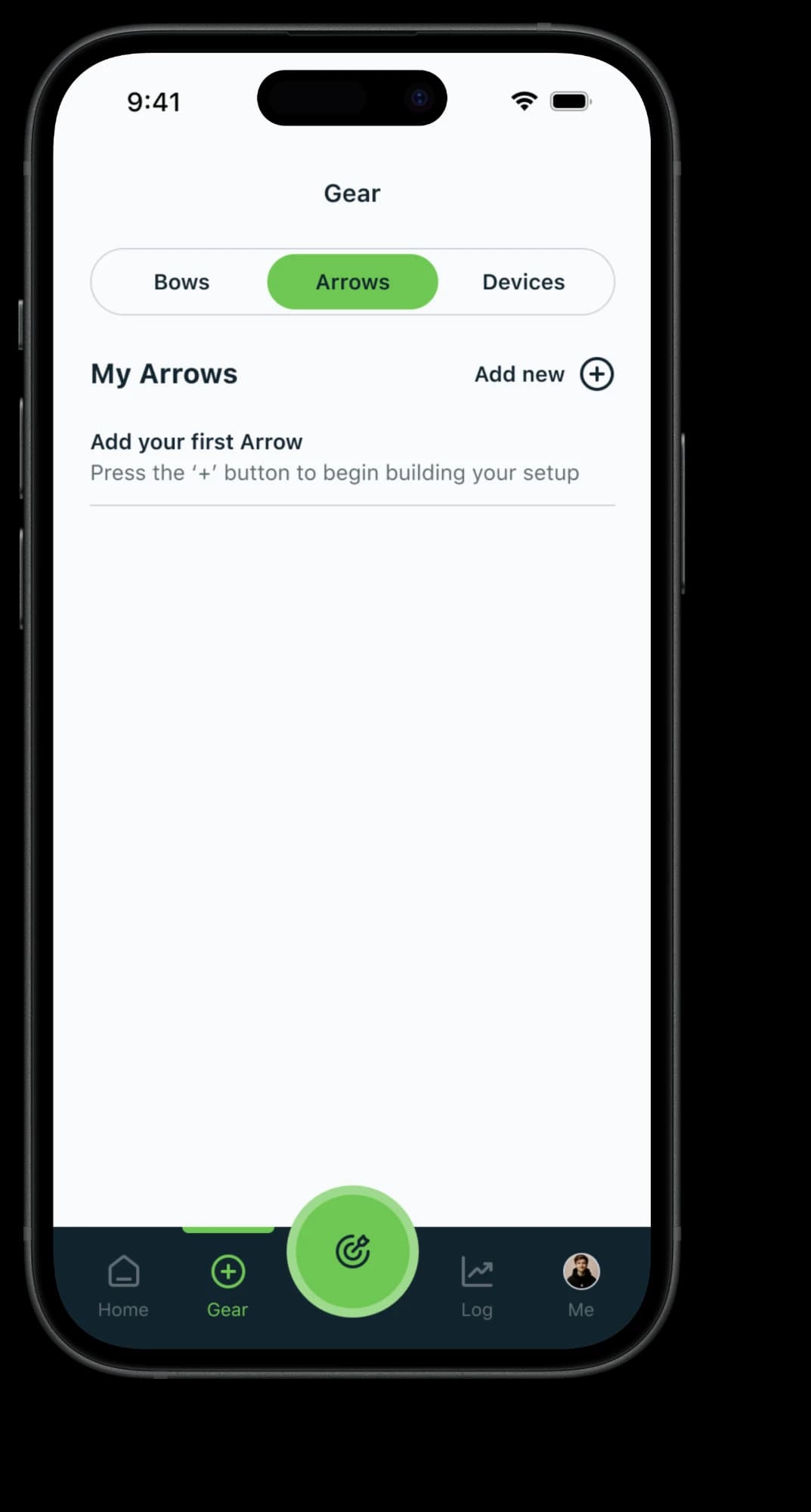 Redesigned Gear screen on the Arrows tab with no arrows yet and a prompt to add the first one.