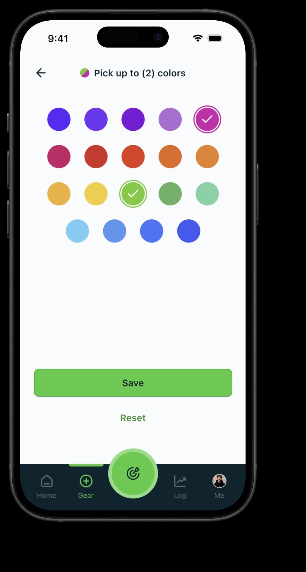 Color picker titled Pick up to (2) colors, with magenta and green selected for a nock's light.