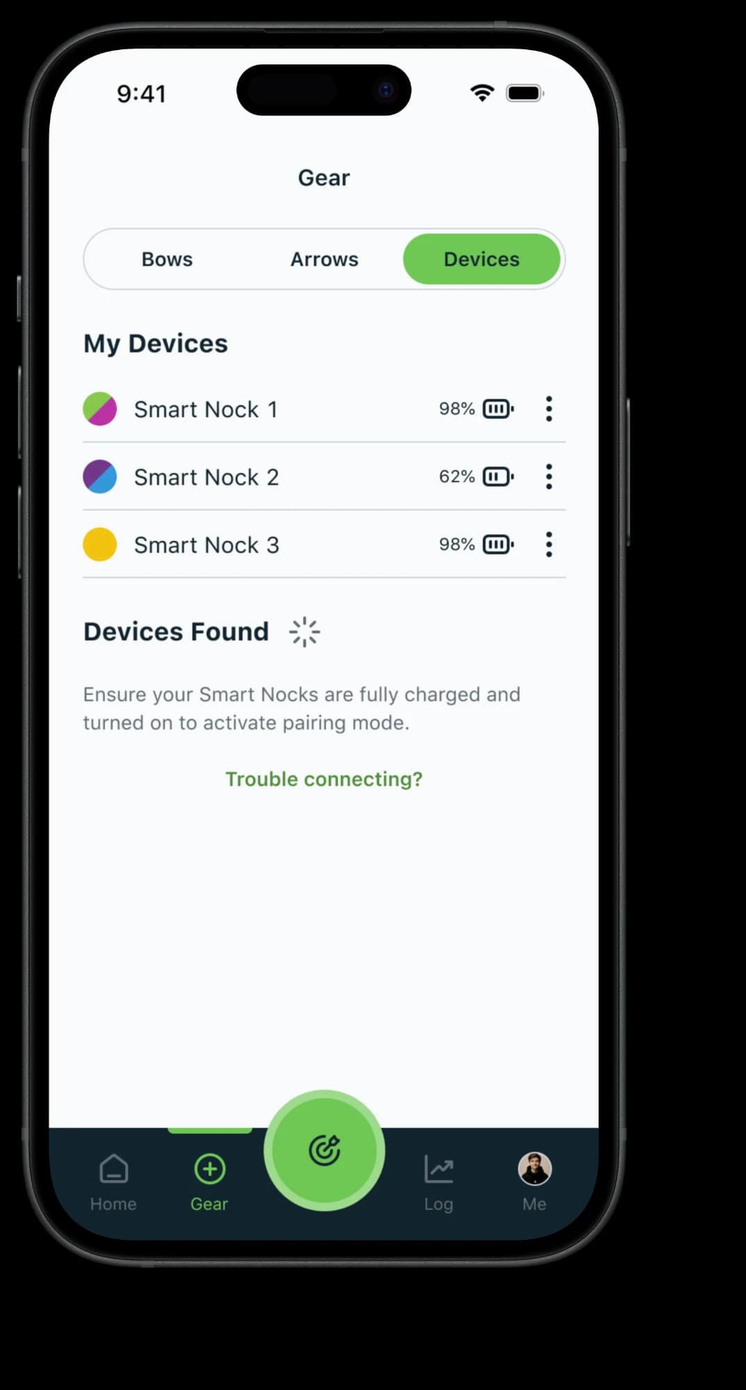 Gear screen on the Devices tab listing three smart nocks, each with its light colors and battery level.
