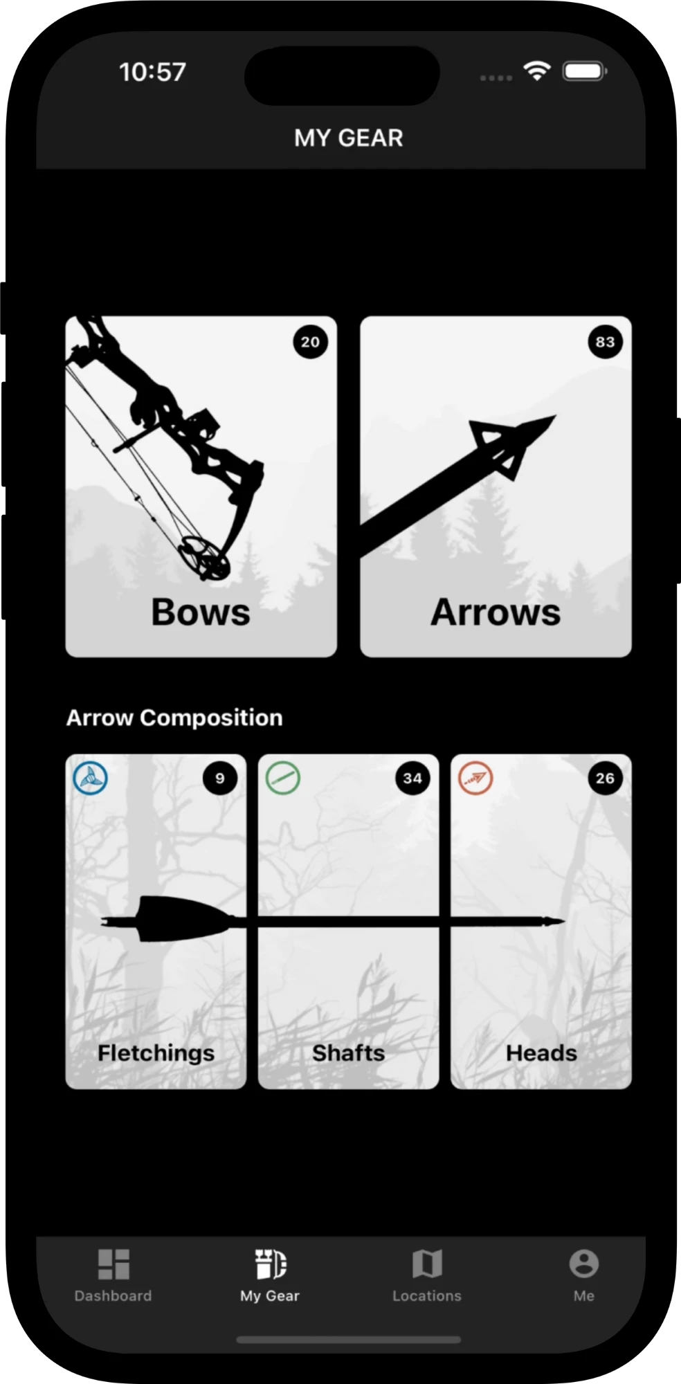 Original BowLab My Gear screen with separate cards for bows, arrows, fletchings, shafts, and heads.